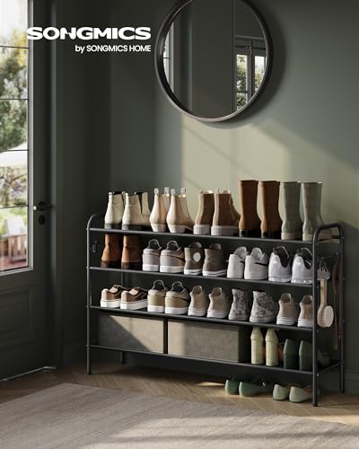 SONGMICS Shoe Rack, 4-Tier Shoe Organizer, Fabric Shoe Shelf Storage with 4 Hooks, Holds up to 24 Pairs of Shoes, Height-Adjustable Shoe Rack for Entryway, Hallway, Closet, Easy Assembly, Ink Black - color: Ink Black, size: 4 Tier (27.5"H)