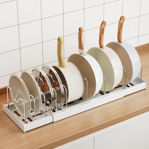 Mustorn Pots and Pans Organizer Under Cabinet, 22" Expandable Food Storage Container Lid Organizers with 9 Adjustable Dividers Pot and Pan Lid Holders Rack Inside Cabinet/Countertop(1 Pack, White) - color: White(Expandable), size: 1 Pack