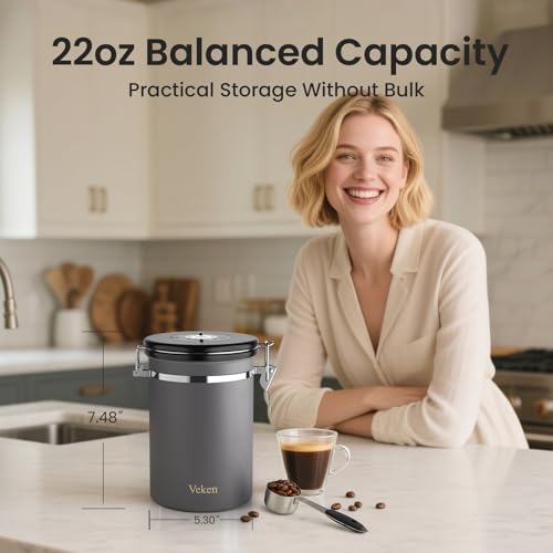 Veken Coffee Canister, Airtight Stainless Steel Kitchen Food Storage Container with Date Tracker and Scoop for Grounds Coffee, Beans, Tea, Flour, Cereal, Sugar, 22OZ, Gray - color: Gray, size: 22 oz