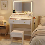 Garvee 31.5-Inch Wide Vanity with Chair, Womens Vanity with Stool, LED Mirror, Hairdryer Holder, Power Outlet, 3 Lighting Color Adjustable - color: White Vanity With Chair