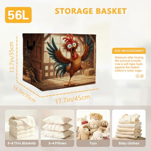 56L Chicken Laundry Basket Clothes Hamper with Handles,Foldable Blanket Storage Large Laundry Hamper with Waterproof PE,Toy Storage Bin Organizer,Cube Clothes Organizer,Home Decor - color: Chicken