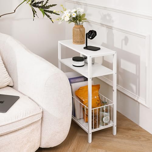 Yoobure Narrow Side Table with Storage Basket, Small End Table for Small Spaces, Skinny Side Tables Living Room Bedroom Office, Slim Nightstand 3 Tier Bedside Table Space-Saving for Magazine, White - color: White