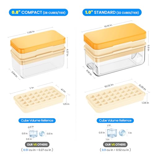 PHINOX Ice Cube Tray with Lid and Bin, Ice Trays for Freezer, Flexible Ice Cube Trays, Making 56 pcs Ice Cubes, Chilling Cocktail, Whiskey, Coffee, with 2 trays, Ice Container, Scoop&Cover, BPA Free - color: Yellow, size: 0.8"-2tier