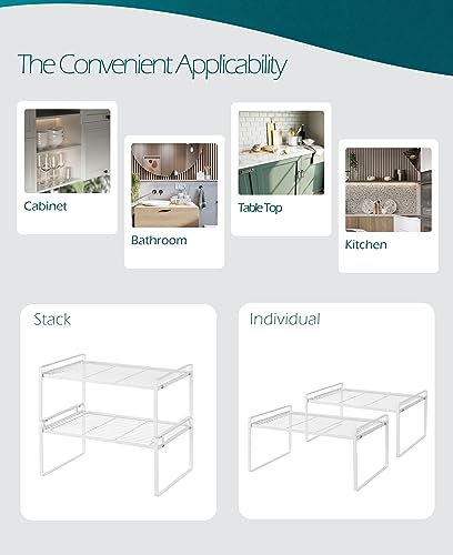 Shantton 2Pack Kitchen Cabinet Shelf Counter Organizer Rack Pantry Storage Bathroom Bedroom Office Table Desk Space Saving Stackable Rust Resistant Non Slip White Wide L16.1in W10.6in H7.3in - color: White, size: L16.1'' W10.6'' H7.3''