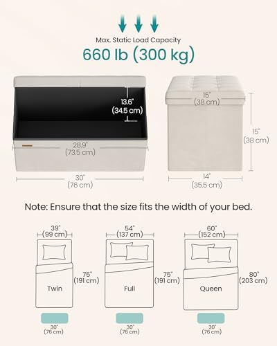 SONGMICS Mazie Collection - 30 Inches Storage Ottoman, Foldable Storage Bench with Flipping Lid, 660 lb Load Capacity, for Entryway, Living Room, Bedroom, Velvet Fabric, Cream White ULSF048LH01 - color: Cream White, size: 15"D x 30"W x 15"H