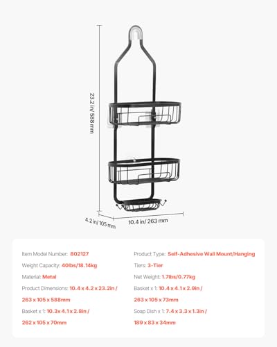 VEVOR Shower Caddy, Hanging Bathroom Shower Storage Organization Shelves Rack Set, with Soap Holder and Hooks for Towels, Sponge, 40 lbs Large Weight Capacity, Matte Black - color: Hanging