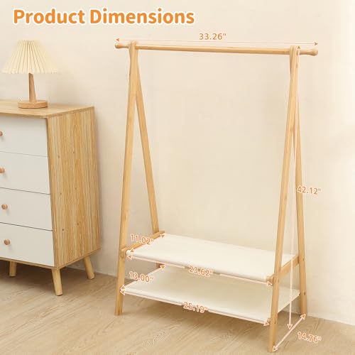Foldable Kids Clothing Rack - Dress Up Storage with 2 Fabric Shelves, Bamboo Small Clothes Rack for Hanging Organizer, Kids Costume Wardrobe & Dress Up Rack for Bedroom, Playroom, Nursery (Natural)