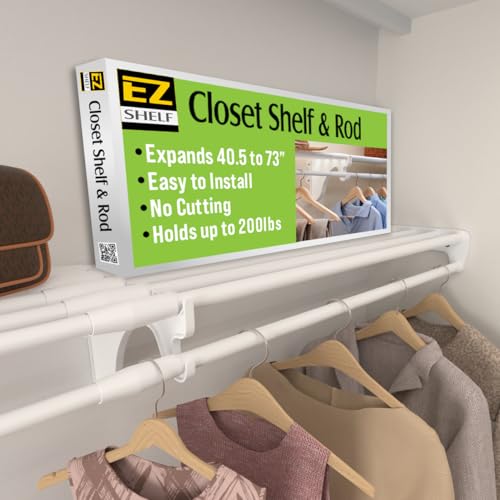 EZ SHELF- Closet Shelf with Hanging Rod, Expands 40.5-73", White, Closet Shelves Hold 200 lbs, Easy Install Closet Organizer to 2 Side Walls, Alternate for Closet Wire Shelving & Laundry Room Shelves - color: White, size: 40 in-73 in