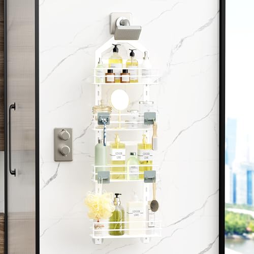 Orimade 4 Tier Adjustable Anti-slip Shower Caddy Over Shower Head, Rustproof Bathroom Hanging Organizer With 4 Hooks for Razor, No Drilling Shower Shelves Storage Rack, White - color: White - 4 Tier