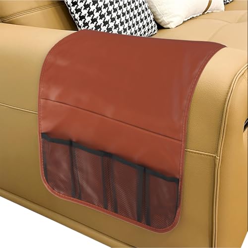 IPENNY No-Slip PU Leather Sofa Armrest Organizer, Remote Control Holder Arm Chair Beside Storage Bag for Recliner with 5 Pockets (Brown) - color: Brown
