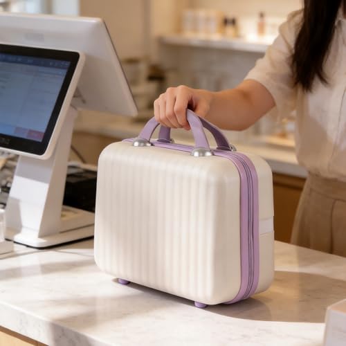 14 Inch Makeup Train Case Portable Hard Shell ABS Cosmetic Travel Case with Security Lock Large Toiletry Organizer Box with Elastic Strap for Suitcase Handle Travel Essentials Gift for Women - color: Beige+Purple, size: 14 Inch