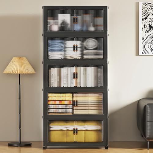 SAILUN 81Gal/325Qt Stackable Storage Bins Folding Collapsible Storage Bins with Lid, Closet Organizers and Storage Box with Door Black 22" W x 13" D x 62" H - color: Black, size: 1 Lid 5 Pack-22" W x 13" D x 62" H