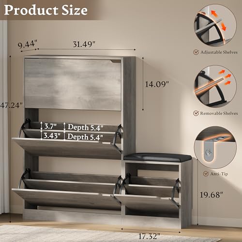 BORNOON Shoe Cabinet with Bench and 3 Flip Drawers, Slim Narrow Shoe Storage Cabinet, Freestanding Shoe Rack Organizer with Adjustable & Removable Shelves, Anti-Tip for Entryway, Hallway, Foyer - color: Grey, size: 3-Drawer - Bench