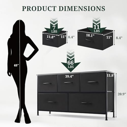 5-Drawer Dresser for Bedroom, Anti-Tip Wide Storage Organizer Fabric Chest of Drawers TV Stand for 45" TV with Wooden Top and Metal Frame for Closet, Living Room, Hallway, Entryway, Black - color: Black, size: 11.8"D x 39.4"W x 20.9"H (5 Drawers)