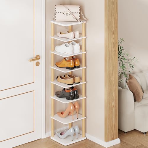 LUCKNOCK Vertical Shoe Rack, 8-Tier Tall Narrow Shoe Organizer for Entryway, Closet, Dorm & Small Spaces, Freestanding Wooden Shoe Shelf Tower for Boots, Sneakers, Heels. (White) - color: white