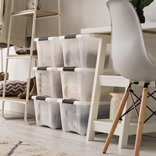 IRIS USA 19 Qt Stackable Plastic Storage Bins with Lids, 6 Pack - BPA-Free, Made in USA - Discreet Organizing Solution, Latches, Durable Nestable Containers, Secure Pull Handle - Pearl - size: 19 Qt, style: 6 Pack