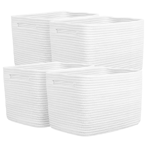 Storage Baskets for Organizing, 14 x 10 x 9” Closet Shelf Woven Baskets, Square Bins with Handles, Cotton Rope Basket for Toys, Clothes, Office, Room, White 4 Pack - color: White, size: 4pcs