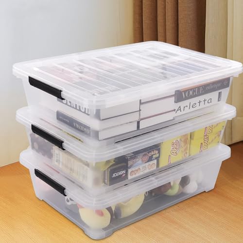 40 Quart Clear Plastic Underbed Storage Container, Wheeled Latching Storage Box for Shoes, Bags, Clothes, Set of 3 - size: 40 Quart