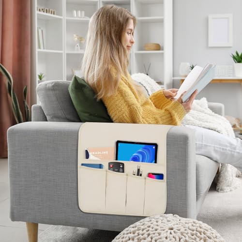 TV Remote Control Holder Couch Caddy, Non-slip Bedside Caddy Organizer with 5 Pockets for Key Glasses Phone Magazine Holders (Beige, 35"x12.4") - color: Beige, size: 35"x12.4"