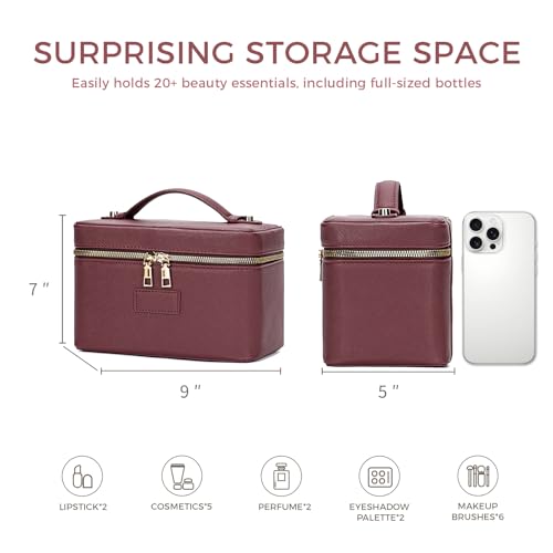 Makeup Bag Vanity Case for Women – Portable Cosmetic Bag Makeup Bag Organizer Travel Toiletry Bag with Removable Divider - color: Burgundy