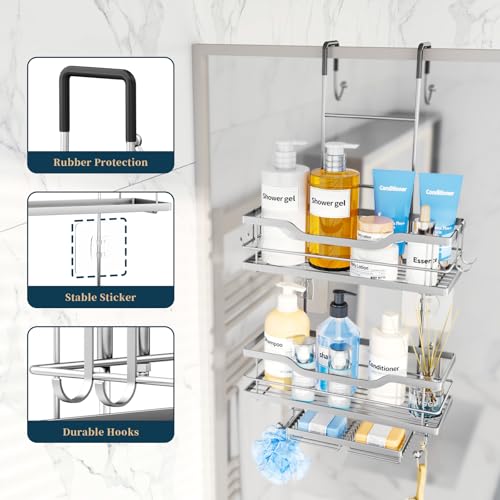 Consumest Over The Door Shower Caddy - 3 Tier Shower Shelves Hanging with Soap Holders, Large Capacity Shower Organizer with 6 Hooks, Bathroom Rack and Storage, Silver - color: Silver, size: 3 Tier