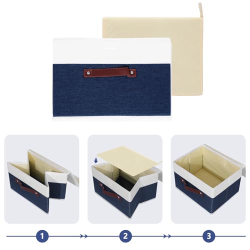 ANMINY Storage Boxes with Lids Washable Decorative Storage Bins Basket with PU Leather Handle Foldable Linen Fabric Storage Cubes Containers for Home Closet Organizer - Deep Blue White, Small Size - color: Deep Blue White, size: Small (Pack of 1)