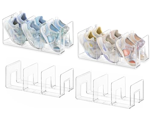 HBlife Widened 4.17 Inch Clear Acrylic Kids Shoe Rack for Closet Organizers and Storage, Small Shoe Rack 3 Sections Toddler Baby Shoe Storage Organizer Shelf, Desk File Book Purse Organizer(4 Pack) - color: Clear, size: 4 Pack(3 Sections Widened)