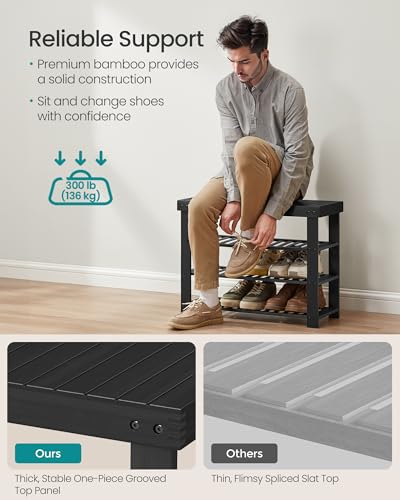 SONGMICS Shoe Rack Bench, 4 Tier Bamboo Shoe Storage Organizer, Entryway Bench, for Living Room, Bathroom, Bedroom, 11.3 x 27.6 x 20.5 Inches, Ink Black ULBS370BH01 - color: Ink Black, size: 11.3"D x 27.6"W x 20.5"H