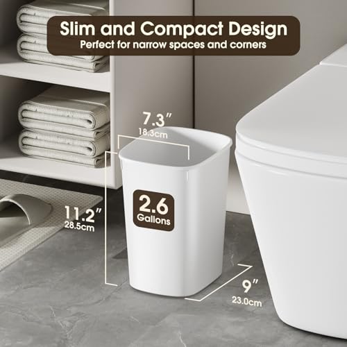 CEROELDA Small Bathroom Trash Can, 2.6 Gallon Slim Mini Garbage Can Small Trash Bin Plastic Waste Basket for Dorm Room, Bedroom, Office, Toilet (White) - color: 1 Pack-No Lid-White