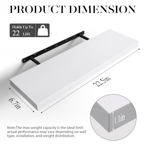 BAYKA Floating Shelves White, 22.5 inch Rustic Wood Wall Mounted Shelves for Bathroom, Bedroom, Living Room, Kitchen & Office, Hanging Shelf Deocr Display with 22 lbs Capacity, Set of 2 - color: C. White - Modern Minimalist Style, size: 22.5inches