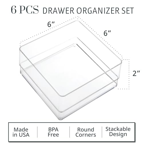 STORi SimpleSort 6-Piece Stackable Clear Drawer Organizer Set | 6" x 6" x 2" Square Trays | Small Makeup Vanity Storage Bins and Office Desk Drawer Dividers | Made in USA - size: 6x6x2"