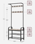 VASAGLE Coat Rack, Hall Tree with Shoe Bench for Entryway, Entryway Bench with Coat Rack, 4-in-1, with 9 Removable Hooks, a Hanging Rod, 13.3 x 28.3 x 72.1 Inches, Greige and Black UHSR40MB - color: Greige + Black, size: 28.3"W