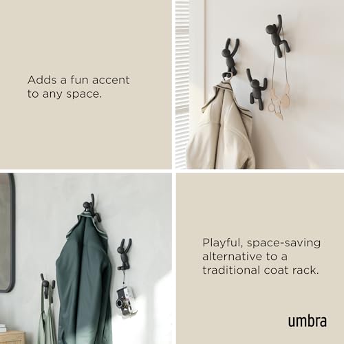 Umbra Buddy Wall Hooks – Decorative Wall Mounted Coat Hooks for Hanging Coats, Scarves, Bags, Purses, Backpacks, Towels and More, Set of 3, Black - color: Black