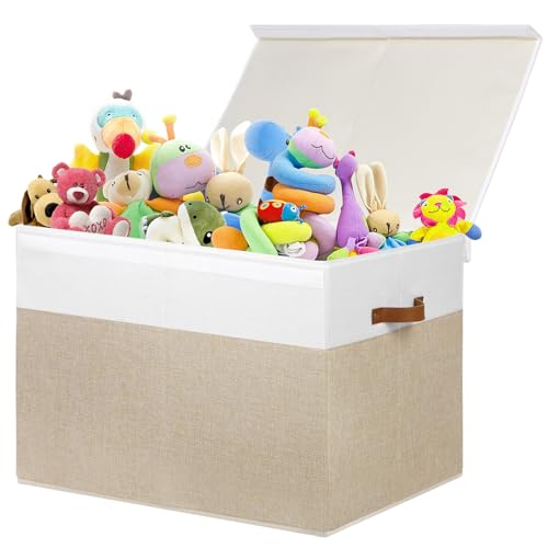 Gowee Large Toy Storage Box with Lid, Sturdy Toys Storage Chest Bin Organizer Basket with Dividers for Kids, Boys, Girls, Nursery, Closet, Bedroom, Playroom 26"x17" x17" (Beige and White) - color: Beige and White, size: 26"x17" x17"