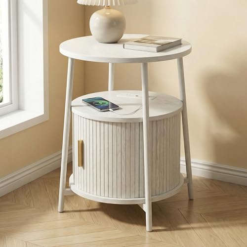 Round End Tables with Drawer: Fluted Side Table with Charging Station, Mid-Century Modern Nightstand with Sliding Door for Small Space Storage, Living Room, Bedroom - color: Off White, size: 1 PACK