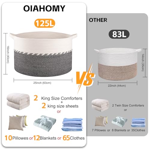 OIAHOMY 125L Extra Large Blanket Basket, 25" x 16", Jumbo Laundry Hamper, Cotton Rope Basket with Handles,Baby Toy Storage Bins,Black - color: Black, size: 25" x 25" x 16"