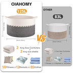 OIAHOMY 125L Extra Large Blanket Basket, 25" x 16", Jumbo Laundry Hamper, Cotton Rope Basket with Handles,Baby Toy Storage Bins,Black - color: Black, size: 25" x 25" x 16"