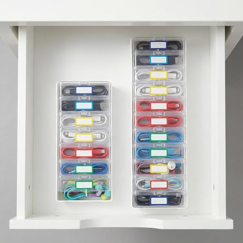 KUGUA 2 Pack Cable Organizer Box Set with 7 and 11 Clear Cases for Charging Cables, Chargers, Earphones and Small Accessories, Includes Cable Ties and Labels for Home, Desk and Drawer