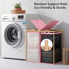 efluky Laundry Hamper with Lid, Double Laundry Hamper with 2 Removable Bags, 2 Section Laundry Basket with Bamboo Handles for Bathroom, Bedroom & Laundry Room (Pink, 140L Dual) - color: Pink, size: 140L Dual