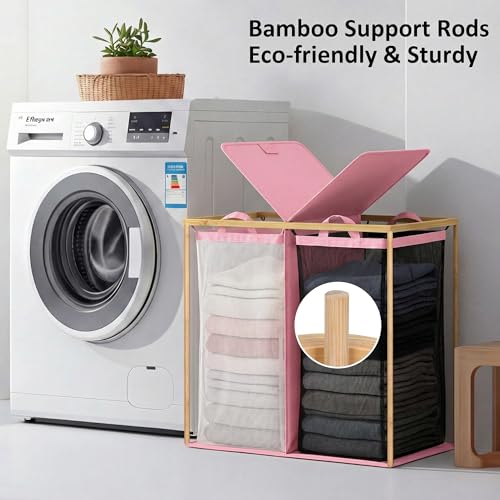 efluky Laundry Hamper with Lid, Double Laundry Hamper with 2 Removable Bags, 2 Section Laundry Basket with Bamboo Handles for Bathroom, Bedroom & Laundry Room (Pink, 140L Dual) - color: Pink, size: 140L Dual