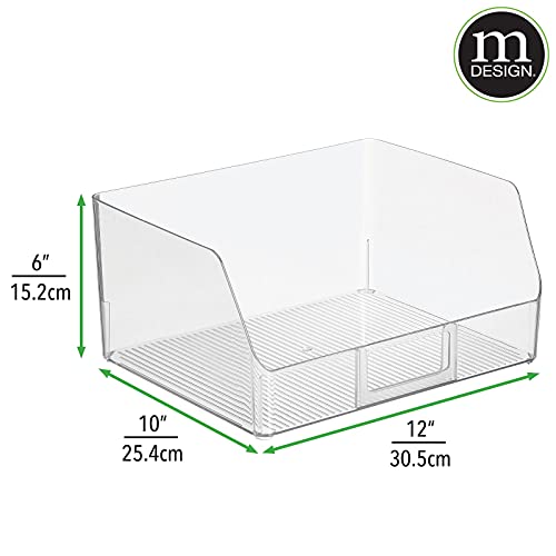 mDesign Wide Plastic Kitchen Food Storage Organizer Bin Basket with Open Front and Built-In Label Holder for Cabinets, Pantry - 12 Inch Width - 4 Pack - Clear