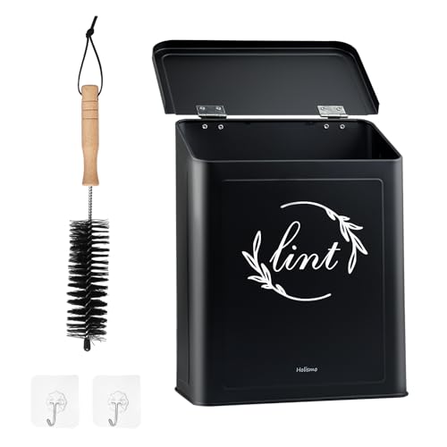Magnetic Lint Bin for Laundry Room, Metal Lint Trash Can with Lid for Dryer, Wall Mounted Lint Holder Box with Lint Brush, Modern Farmhouse Laundry Room Decor, Black - color: Black