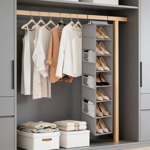 VERONLY Hanging Shoe Organizer for Closet,8-Shelf Hanging Storage with Side Mesh Pockets,Wider Shelves for Baseball Caps,Clothes (9" W × 11.8" D × 54" H) Grey - style: Gray Bamboo Hanging