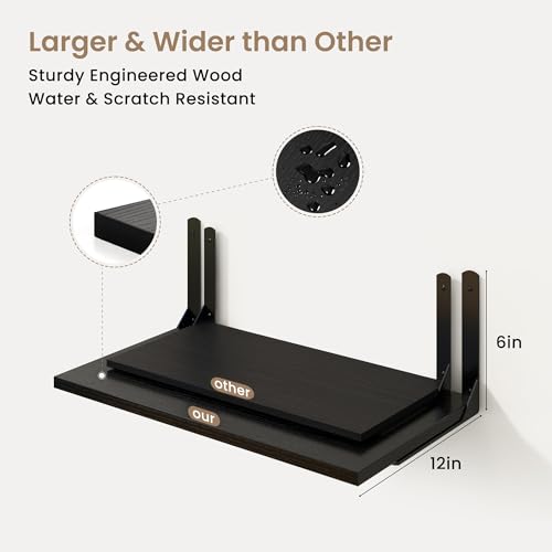 Fun Memories Floating Shelves for Wall, 12 Inch Deep Floating Shelves Set of 2, Wall Mounted Shelf with Metal Brackets, Rustic Wood Wide Shelf for Bathroom, Kitchen and Living Room, Black, 32W x 12D - color: Black- L Bracket, size: 31.5"W x 12"D