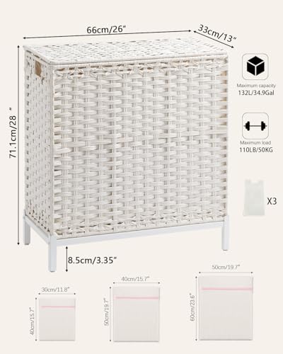 SETVSON Laundry Hamper with Lid 132 L, (35 Gallons) Clothes Hamper with Lid, Handwoven Rattan Laundry Hamper with Metal Heightened Feet, Laundry Hampers with 3 Removable Liner Bags for Laundry-White - color: Cloud White, size: 132 L - 35 gal