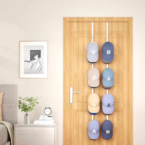 SWTYMIKI Over Door Hat Rack - 2 Packs Metal Hanging Hat Organizer with 8 Hooks Design, Baseball Cap Hanger Organizer Storage Holds up to 40 Caps for Door, Bedroom, Closet - color: White, size: 2 Pack