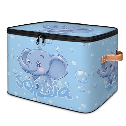 Custom Storage Basket with Name, Personalized Storage Bins with Zipper Lid, Foldable Fabric Storage Box Large capacity with Handle Bubble Elephant - color: Option 18