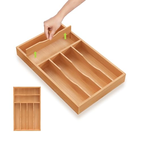 Unibambou Bamboo Utensil Drawer Organizer with Removable Dividers, Kitchen Organizer for Flatware Cutlery, Silverware Tray for Drawer (6/5 Flexible Slots, Natural) - color: Natural, size: Medium+ 10x16 Inch