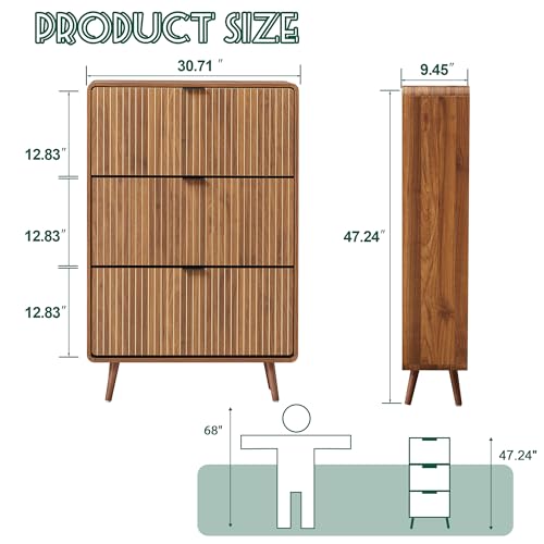 FurSch Fluted 47 Inch Tall Shoe Cabinet with 3 Flip Drawers, Narrow Hidden Shoe Storage Organizer Rack for Entryway Hallway (All Walnut) - color: All Walnut