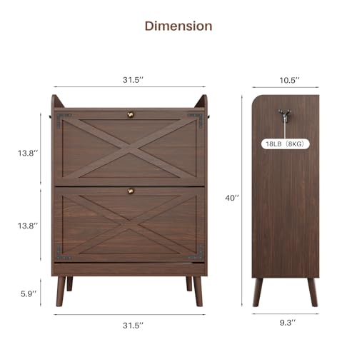 Shoe Storage Cabinet with 2 Flip Drawers, Entryway Shoe Cabinet with 2 Metal Hooks & Adjustable Shelves Freestanding Shoe Organizer Narrow Shoe Rack for Entrance Hallway Foyer Front Door,Rustic Brown - color: Rustic Brown